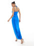 Flounce London satin strappy maxi dress with split in bright blue