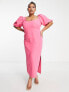 ASOS DESIGN Curve puff sleeve midi dress with asym neck line in hot pink