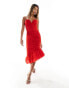 Rare London mesh sweetheart bandeau midi dress with asymmetric hem in red