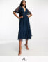 Beauut Tall Bridesmaid tulle midi dress with flutter sleeve in navy