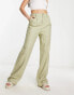 Stradivarius – Hose in Leinenoptik in Khaki mit weitem Schnitt