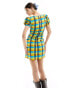 Glamorous scoop neck short sleeve ruched mini dress in bright check