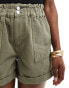 New Look denim paperbag short in dark khaki