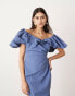 ASOS EDITION bardot ruched puff sleeve maxi dress in blue