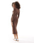 Pimkie ruched waist long sleeve bodycon midi dress in brown