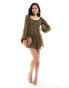 ASOS DESIGN ruffle neck mini smock dress in khaki