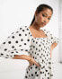 ASOS DESIGN linen look shirred bodice puff sleeve jumpsuit in mono spot print