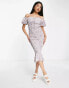 Love Triangle puff sleeve shirred midi dress in lilac floral