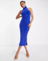 Aria Cove fluffy high neck sleeveless midi dress with cut out side detail in cobalt