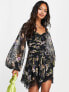 ASOS DESIGN ruched puff sleeve mini dress in black based floral