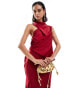 ASOS DESIGN satin asymmetric neck maxi dress with puddle hem in claret red