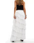 Miss Selfridge textured asym tiered frayed edge maxi skirt in white