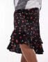 Topshop double ruffle knee length skirt in red and black floral