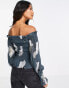 AllSaints Lara Cordelia off shoulder top in smoke grey floral