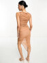 ASOS DESIGN high neck ruched asymmetric bodycon midi dress in camel brown