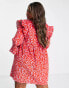 ASOS DESIGN Curve cord mini smock dress with ruffle shoulder in red abstract print