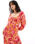 JDY bell sleeve maxi dress with front split in pink floral