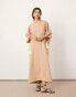 ASOS EDITION jersey v neck oversized jumper dress with contrast tie detail in camel