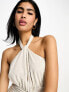 ASOS DESIGN twist neck halter mini dress with ruched skirt in oatmeal