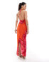 Murci halterneck plunge neck maxi dress in orange and pink flower print