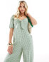 Nobody's Child Petite Simone tie puff sleeve gingham jumpsuit in green