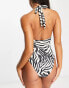 Public Desire zebra plunge tie waist swimsuit in black and white