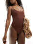 ASOS DESIGN Maya micro strap sleek swimsuit in chocolate brown