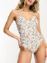 Pieces v neck swimsuit in white floral