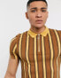 ASOS DESIGN skinny polo in brown vertical stripe with zip neck