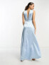 Vila Petite Bridesmaid satin v neck maxi dress with train in pastel blue