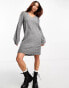 JDY v neck balloon sleeve knitted mini dress in dark grey melange