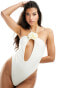 Candypants cut out halter flower detail swimsuit in cream