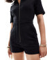 ASOS DESIGN denim short sleeve playsuit with zip through in black