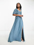 Little Mistress Bridesmaids bardot gathered maxi dress in mesh in blue