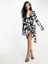 Simmi linen blend wrap mini dress in mono squiggle print