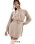 Closet London Petite high neck belted mini dress in mocha