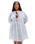 ASOS DESIGN Curve puff sleeve tie front mini dress in blue gingham print