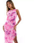 In The Style exclusive ruffle high neck side spilt maxi dress in pink floral print