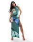 Kaiia exclusive slinky high neck cut out bodycon maxi dress with tie side detail in green butterfly print