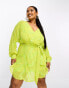 ASOS DESIGN Curve rouleaux loop tie waist mini dress with swirl embellishment in lime