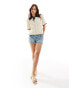 YAS crochet knit short sleeve polo top with contrast navy and cream - MULTI