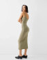 Bershka square neck bodycon midaxi dress in khaki