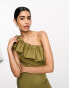 True Violet bardot jumpsuit with ruffle detail in light khaki