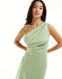 TFNC Petite Bridesmaid Satin one shoulder maxi dress with wrap skirt in sage