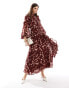 ASOS DESIGN ruched bodice button through maxi dress with frill details in red floral print