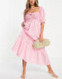 River Island shirred smock midi beach dress in light pink