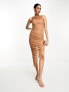 ASOS DESIGN high neck ruched asymmetric bodycon midi dress in camel brown