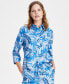 Petite Linen Leaf-Print 3/4-Sleeve Button Front Shirt