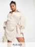 In The Style Plus x Terrie Mcevoy satin wrap mini shirt dress in stone