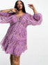 ASOS DESIGN Curve lace trim plunge batwing mini dress with pep hem in lilac floral dobby